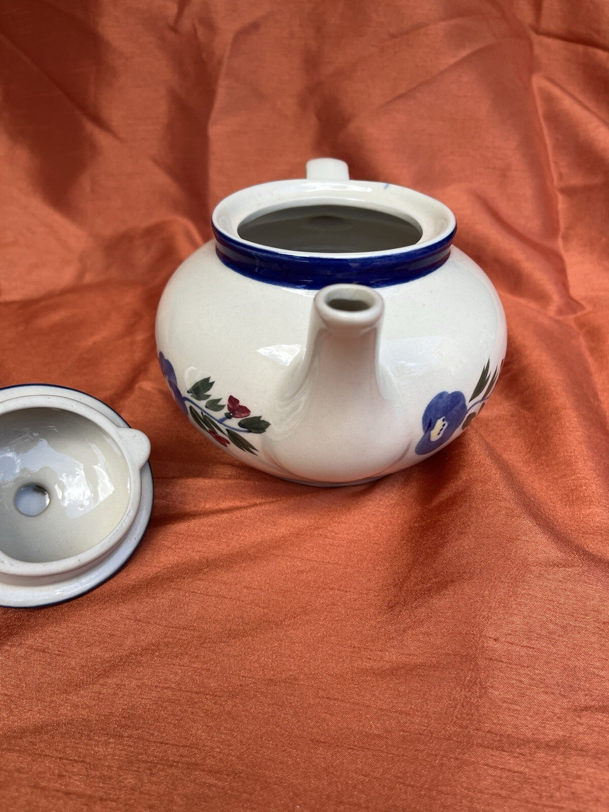 Vintage Designpac Ivory & Blue Stoneware Teapot W/Lid Handpainted Floral Pattern