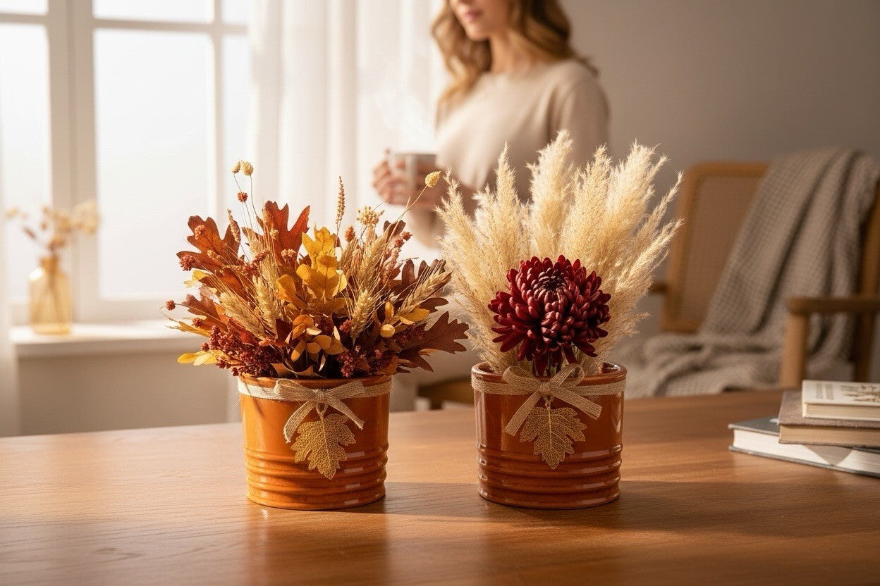 ceramic decorative planters with twine and metal leaf accents