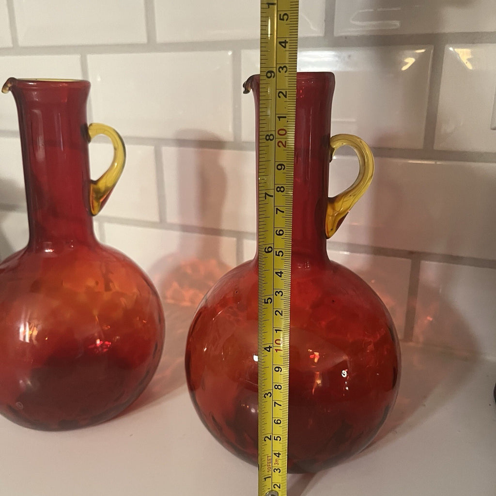 Vintage Ruby Red & Amber Tall Glass Pitcher ewer. Crackled Glass Texture.
