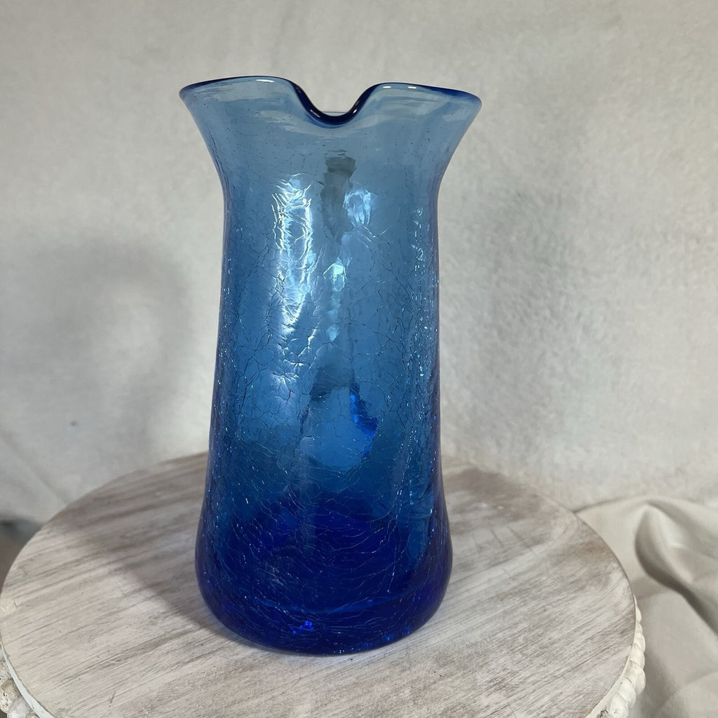 Vintage Blue Crackle Glass Small Pitcher Vase Hand Blown w/ Applied Handle