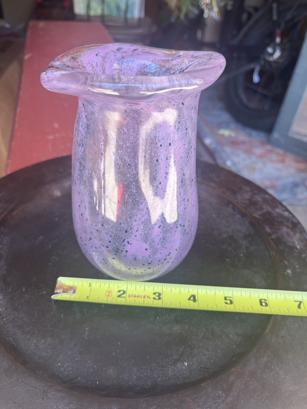 Hand Blown 6” Alexandrite Bubble Glass Vase Pinched Sides Flared Threaded Rim