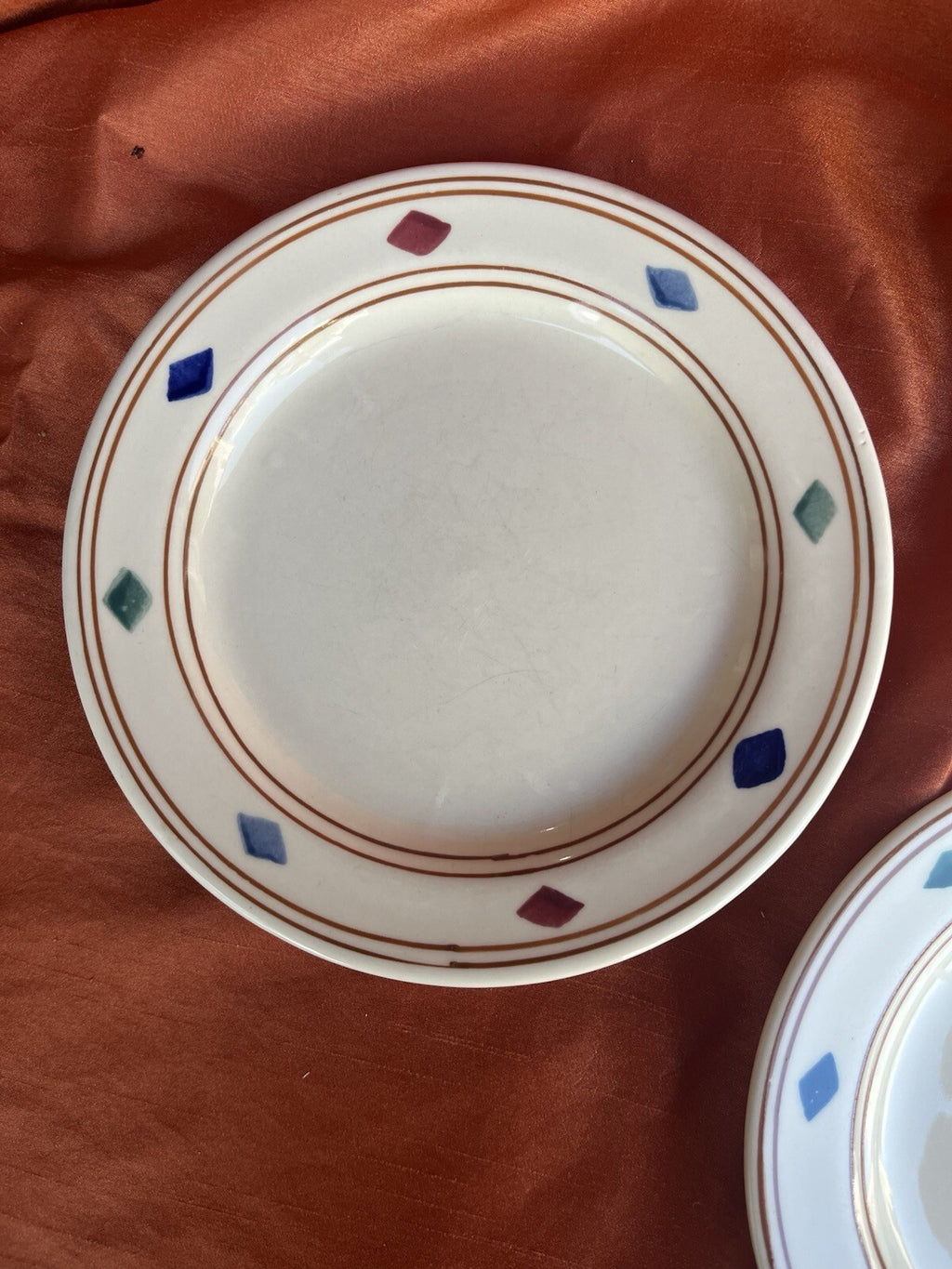 3 Salad Plate Cheyenne Hartstone Aztec Design USA Blue Green Red Diamond Shapes