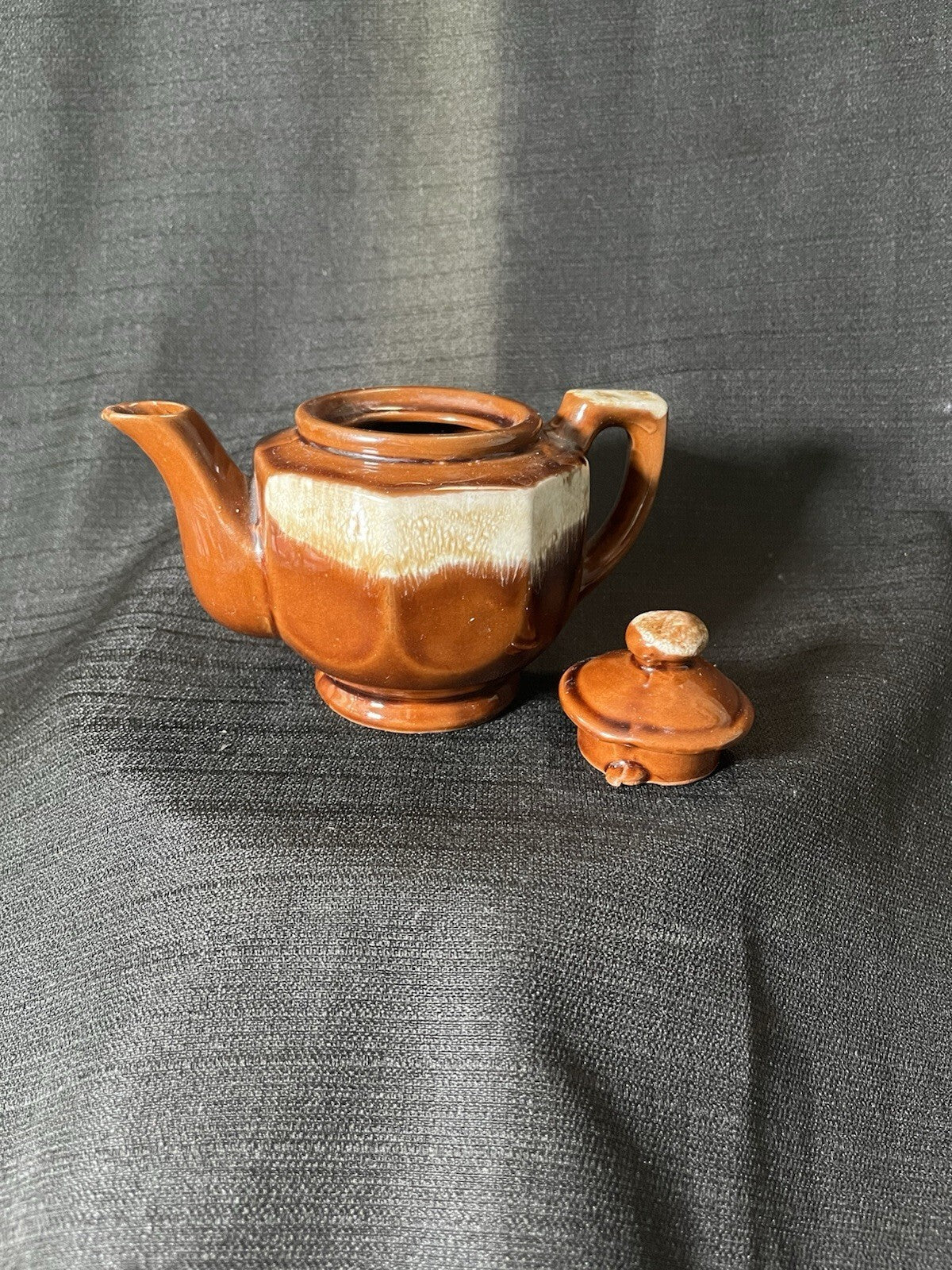 Vintage Pottery Tea Pot With Lid Brown Drip Glazed Home Decor Collectible