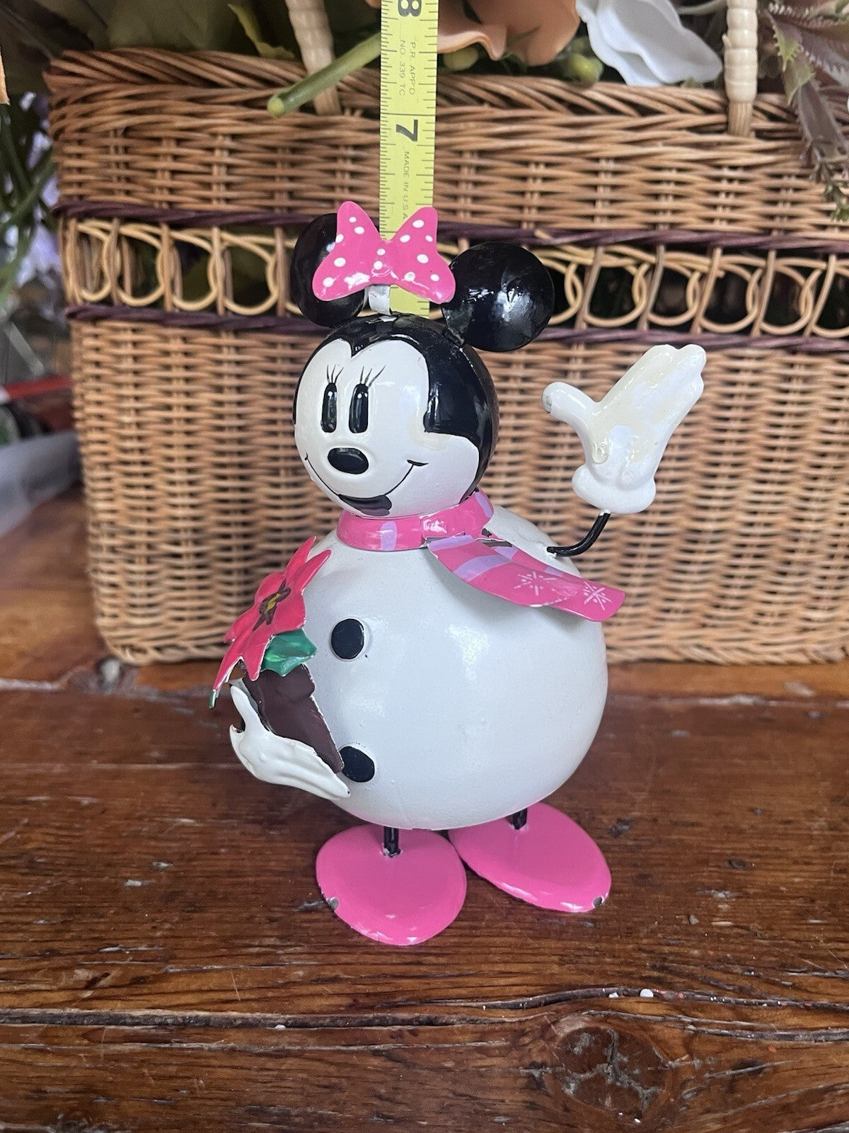 Disney Minnie Mouse Snowman Figurine 6" Pink Bow Scarf Poinsettia
