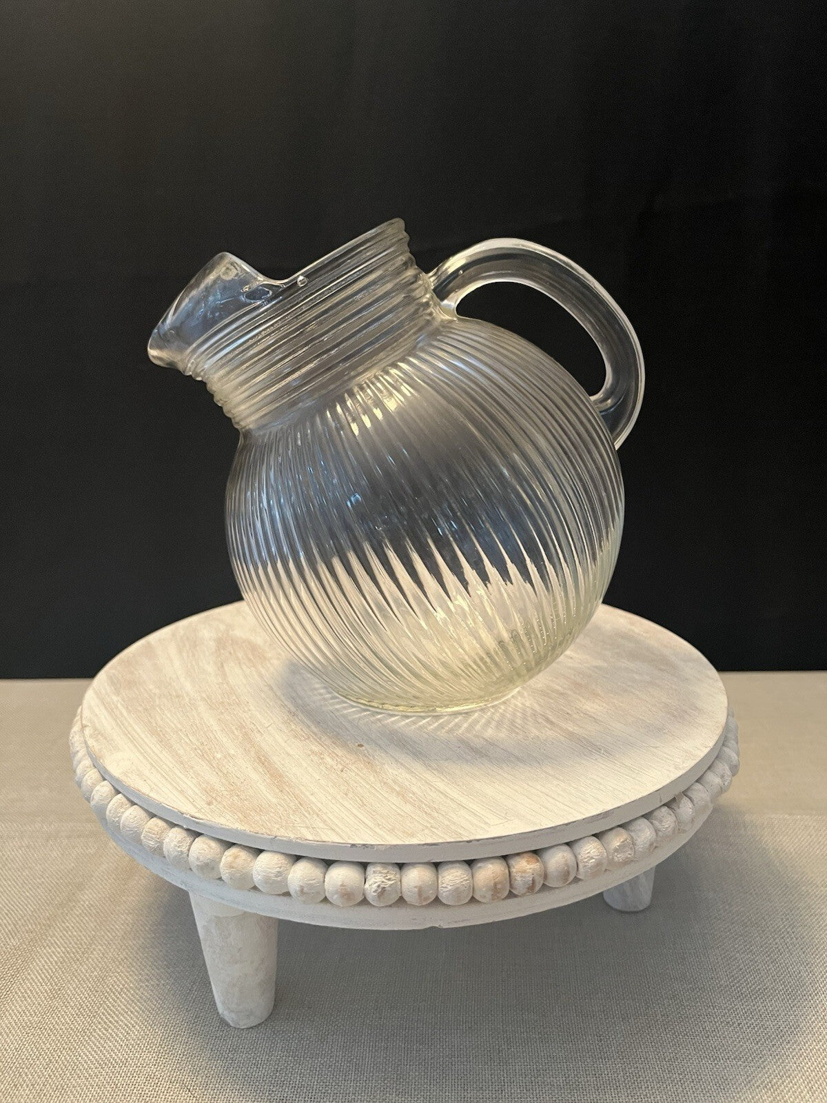 Vintage Hazel Atlas Clear Ribbed Tilted Ball Pitcher Glass w/ Ice Lip