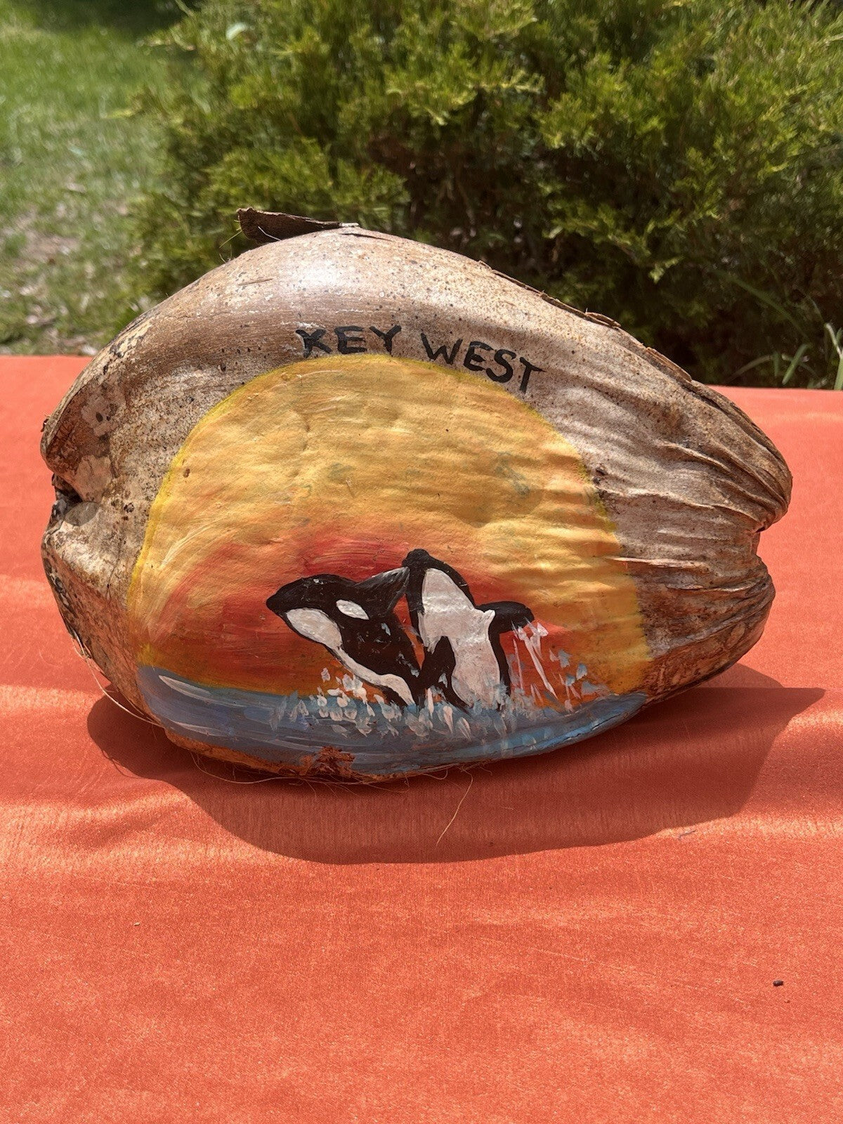 Hand-Painted Coconut Key West With Orcas, Jumping Out Of The Water Into Sunset