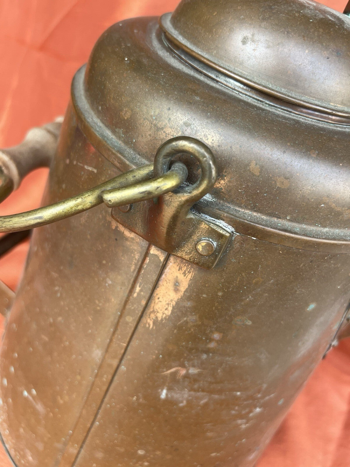 Antique Copper Cowboy Coffee Pot Lid, With Wooden Handle. Early 1900’s
