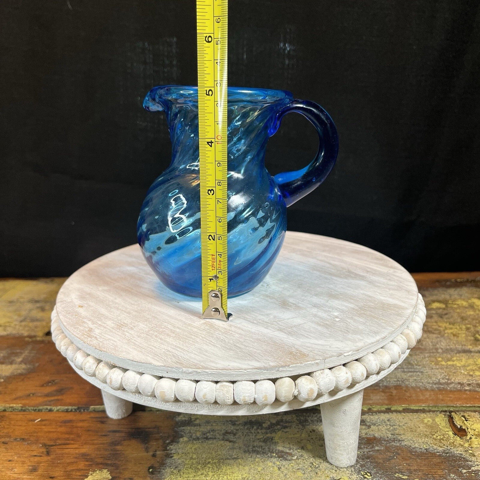 Vintage Cobalt Blue Pitcher Vase Hand Blown  Glass c1950's Small 5”