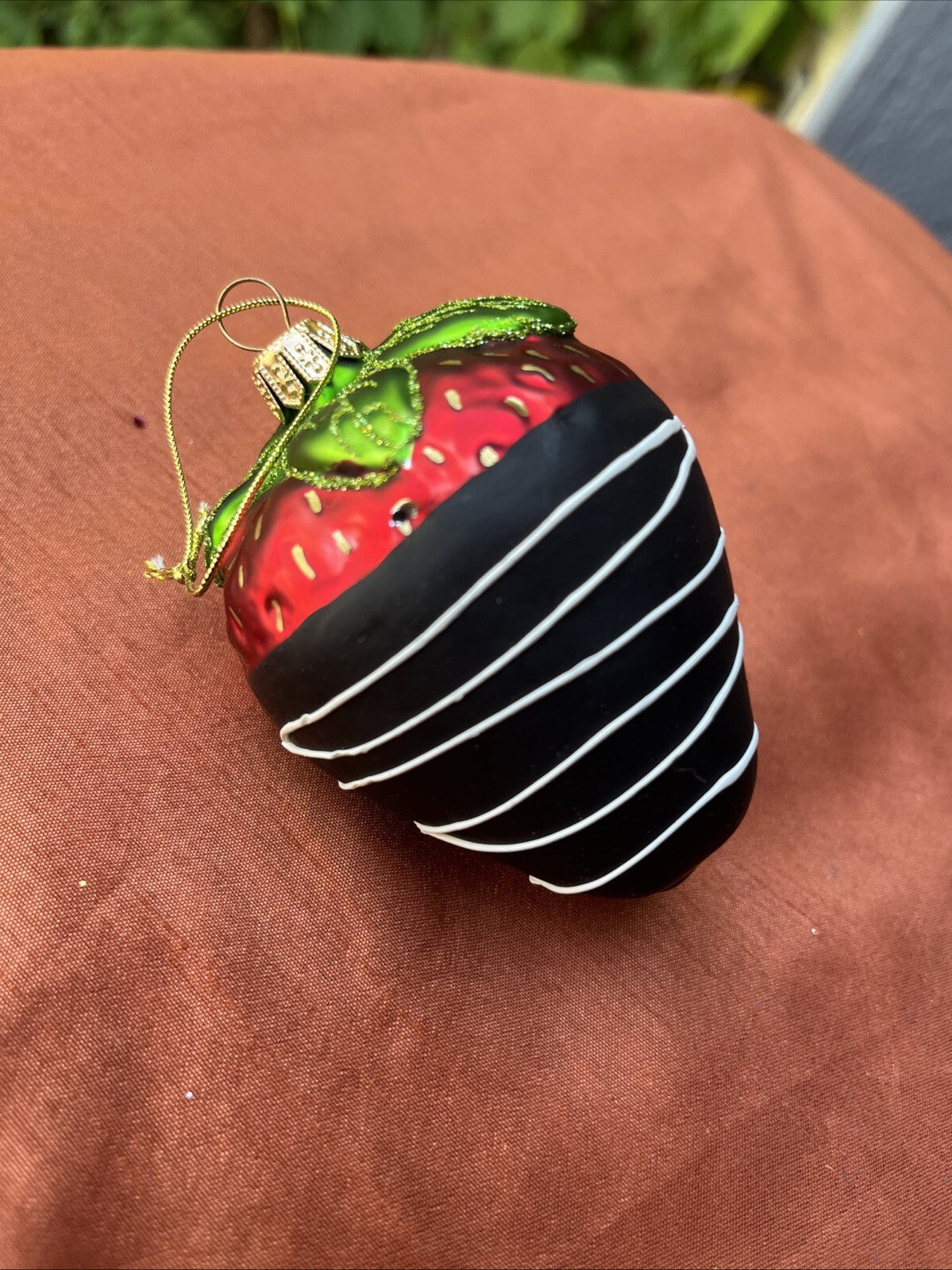 Vintage Glass STRAWBERRY Christmas Ornament Dark Chocolate Dipped. Sml Imprfct