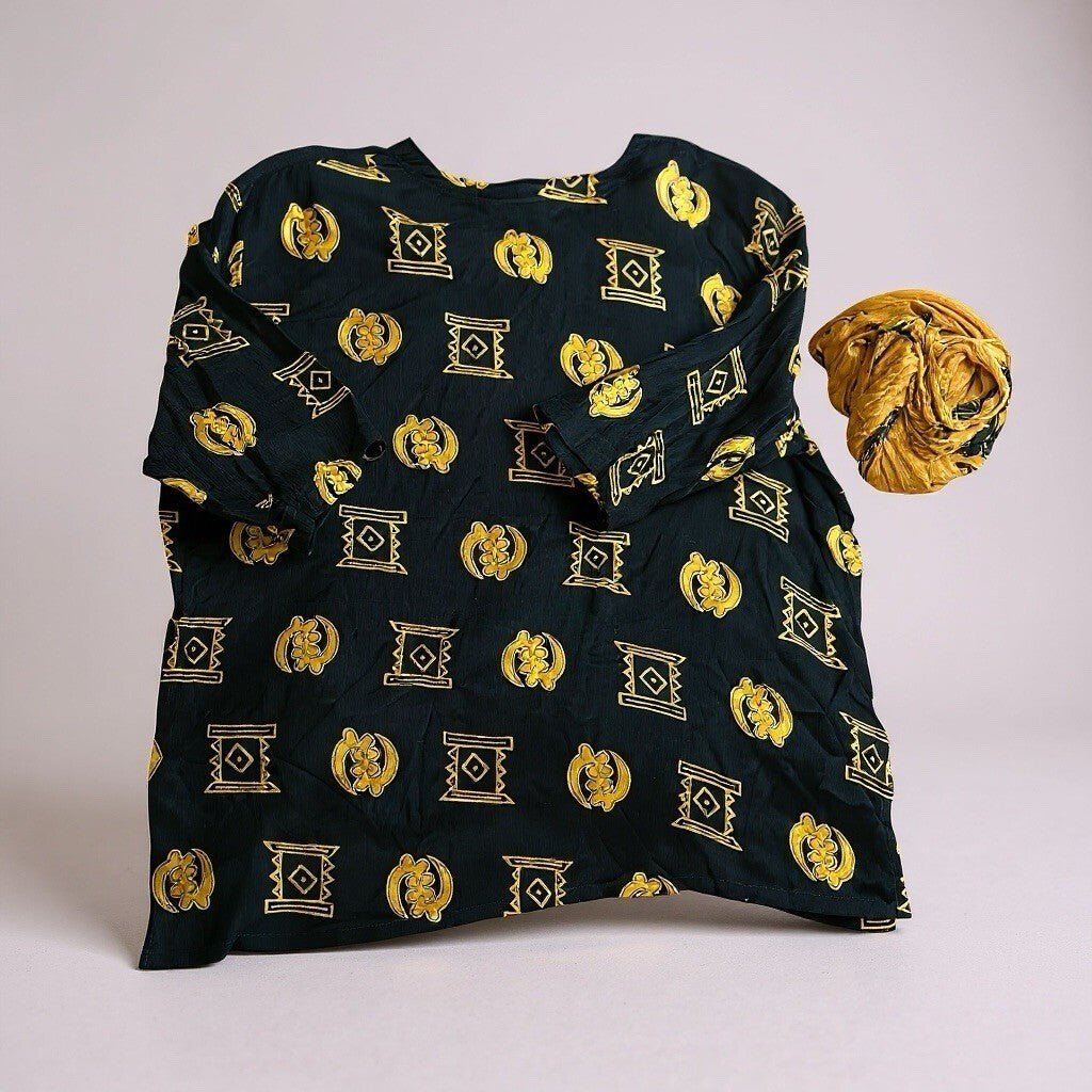 Geometric print tunic black and Gold With Matching Scarf.