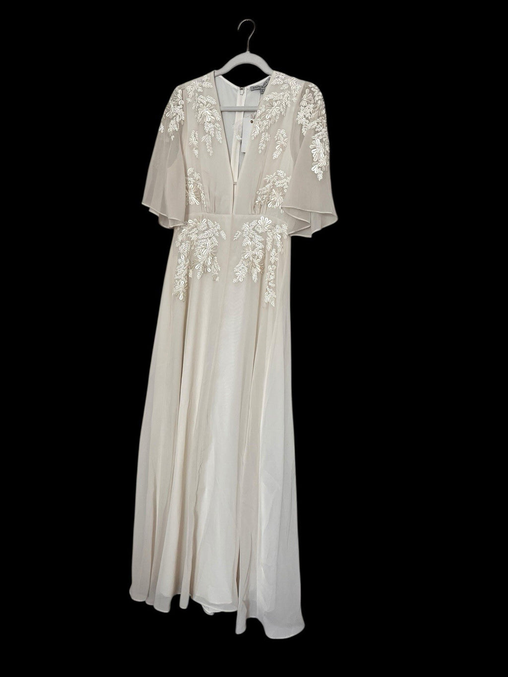 Hope And Ivy  beige tulle Short Sleeve wedding dress with floral embroidery