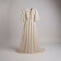 Hope And Ivy  beige tulle Short Sleeve wedding dress with floral embroidery