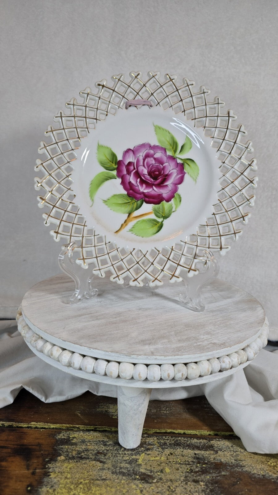 Occupied Japan Rossetti Handpainted Open Lattice Edge Porcelain Plate