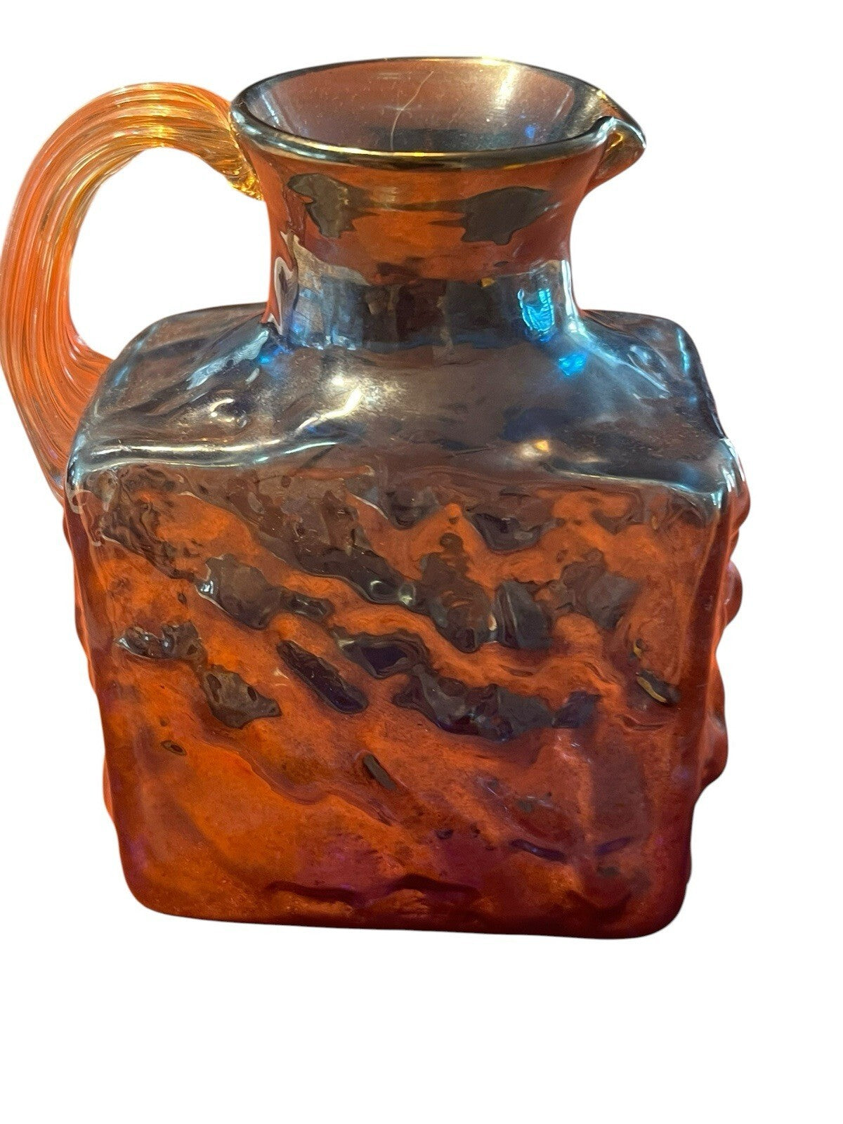 Pilgrim Nugget Nugate Blue Carnival Art Glass Rock Crystal Smooth Handle Pitcher