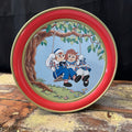 Vintage 1987 Panco Foods Raggedy Ann and Raggedy Andy 12” Tin round metal cookie
