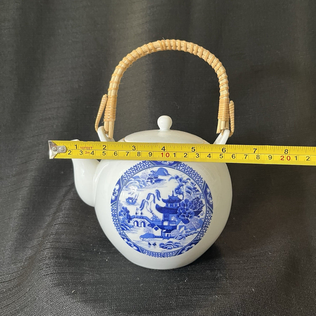 Japanese Porcelain Teapot Chinoiserie Blue Rattan Handle Cottage  Farm House 6.5