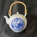 Japanese Porcelain Teapot Chinoiserie Blue Rattan Handle Cottage  Farm House 6.5