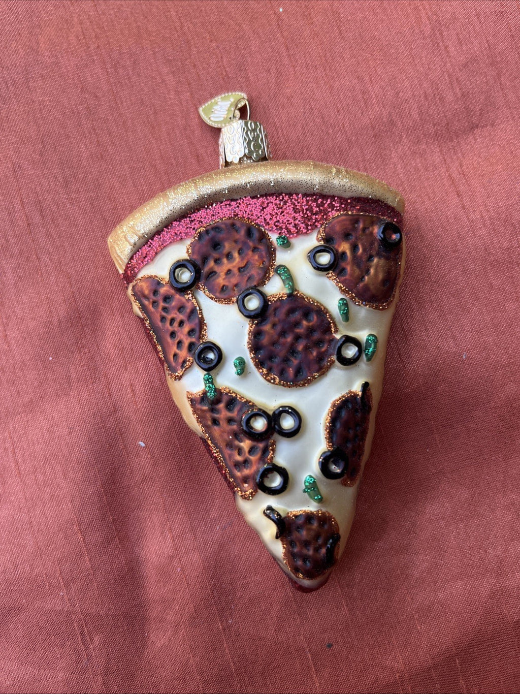 Pepperoni Pizza Slice Glass Ornament Old World Christmas Glitter 2003