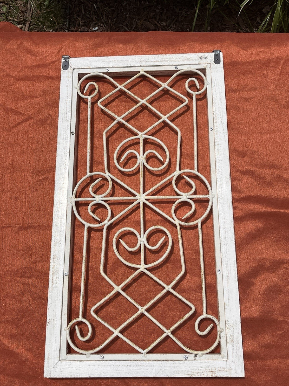white wrought iron scrollwork wall art panel framed. 12x22