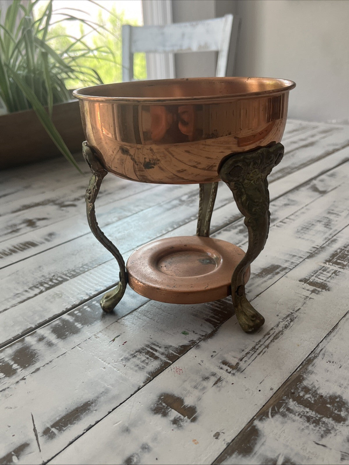 Old Antique Vintage Ornate Copper Plate Tripod Chafing Dish Stand 1900's 6”