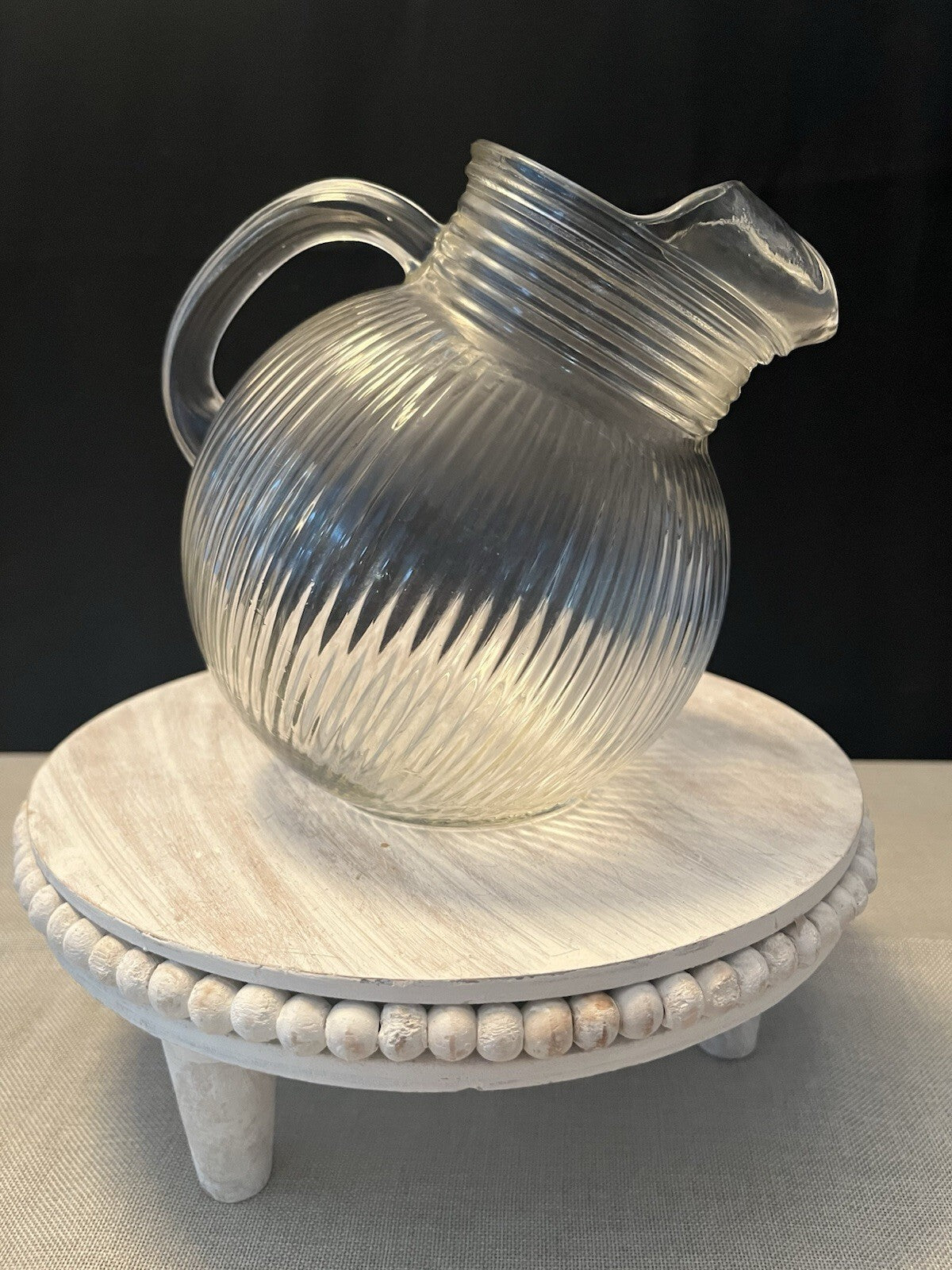 Vintage Hazel Atlas Clear Ribbed Tilted Ball Pitcher Glass w/ Ice Lip