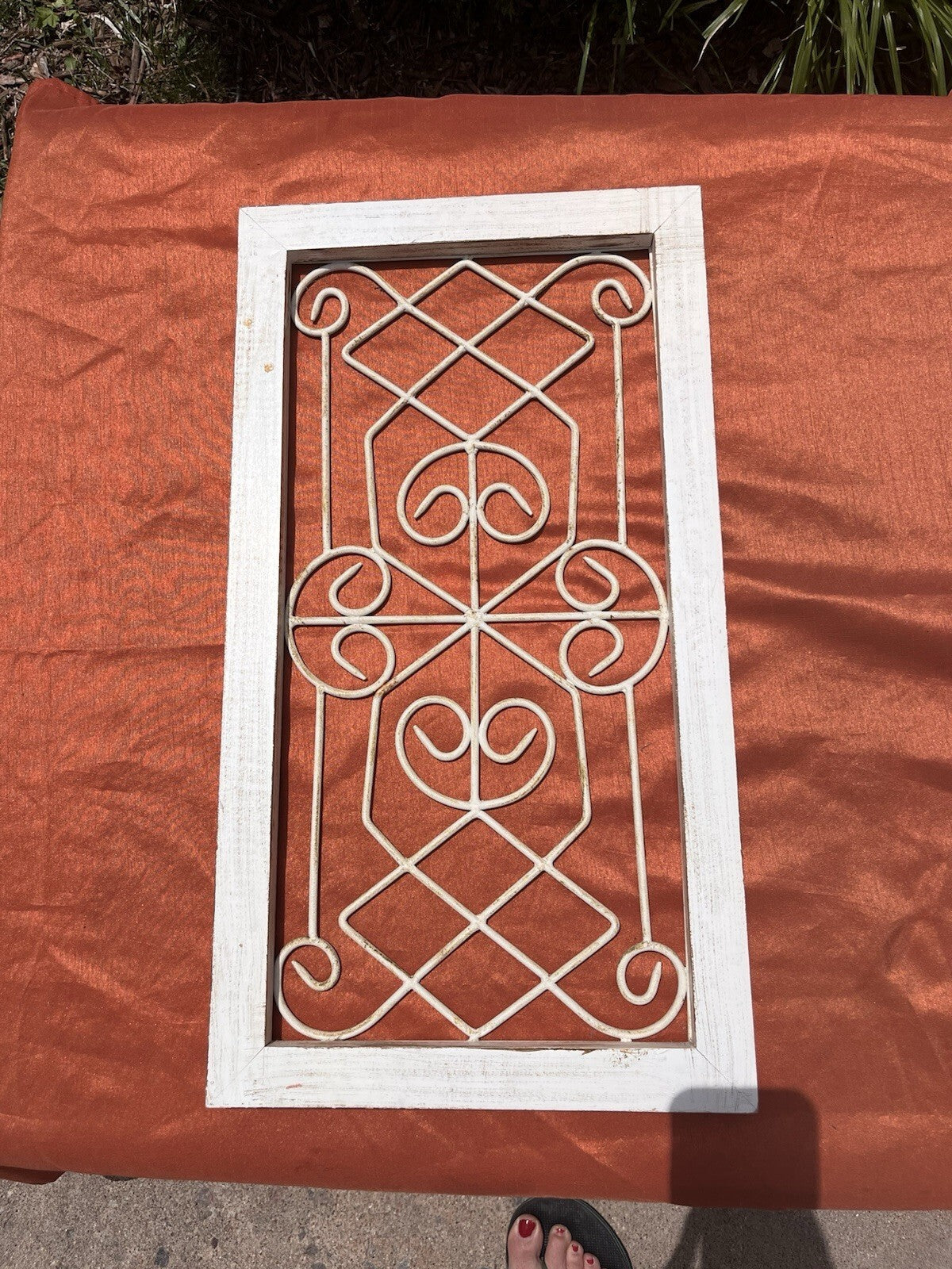 white wrought iron scrollwork wall art panel framed. 12x22