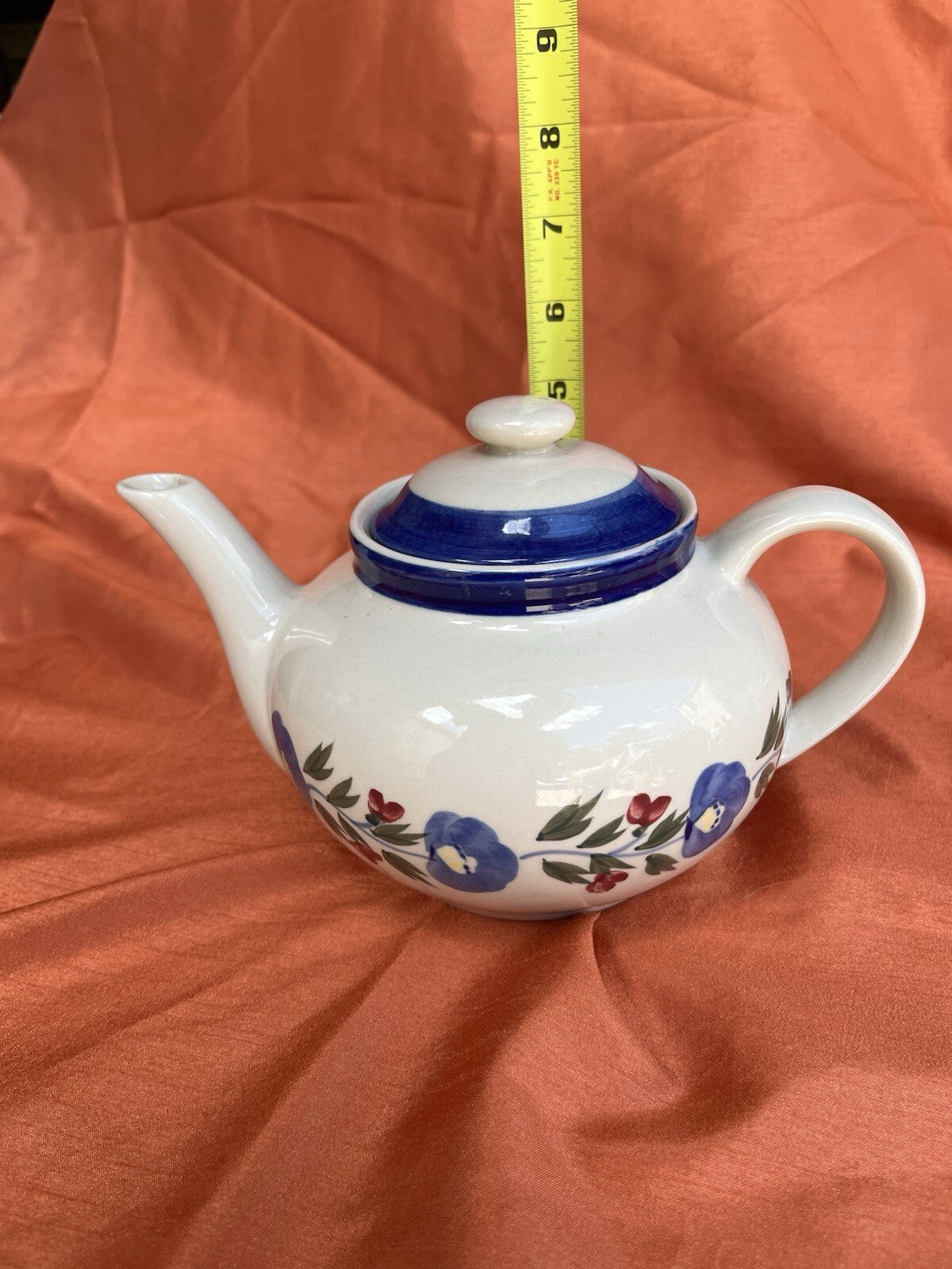 Vintage Designpac Ivory & Blue Stoneware Teapot W/Lid Handpainted Floral Pattern