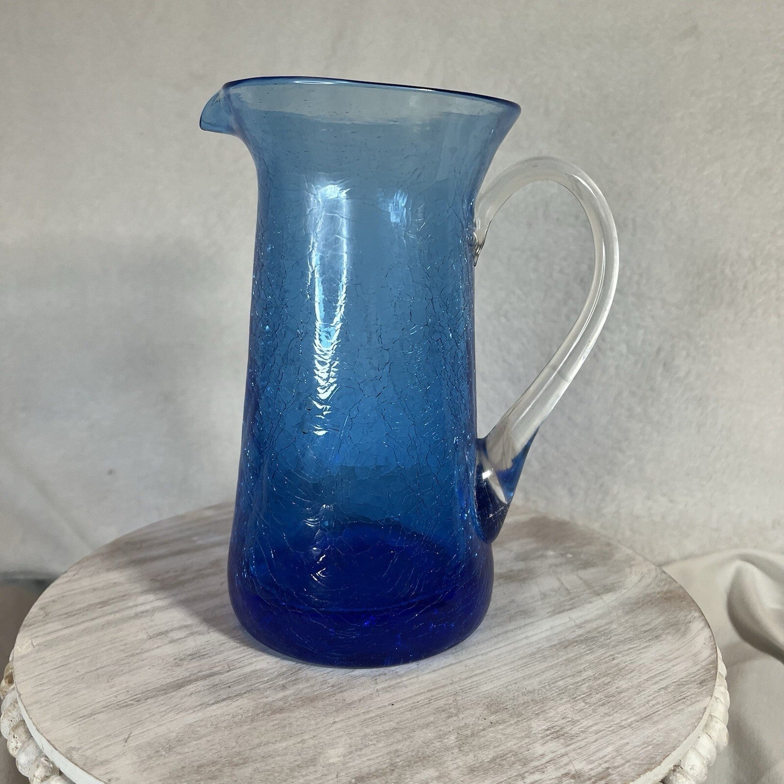 Vintage Blue Crackle Glass Small Pitcher Vase Hand Blown w/ Applied Handle