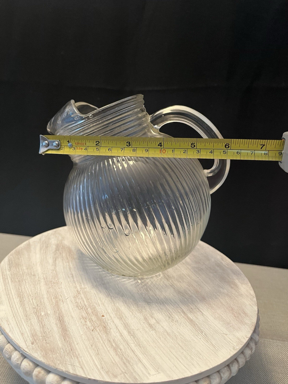 Vintage Hazel Atlas Clear Ribbed Tilted Ball Pitcher Glass w/ Ice Lip