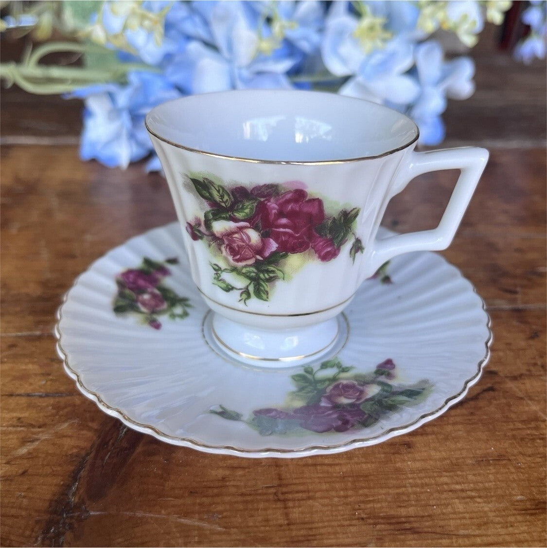 Vintage Porcelain Tea Cup & Saucer Set 2-Piece White Pink Floral Decor