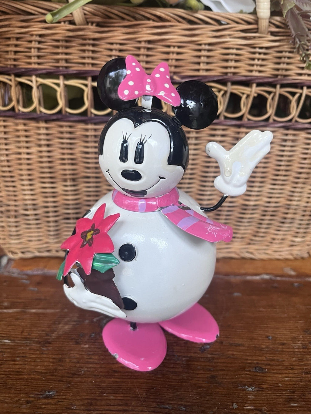 Disney Minnie Mouse Snowman Figurine 6" Pink Bow Scarf Poinsettia
