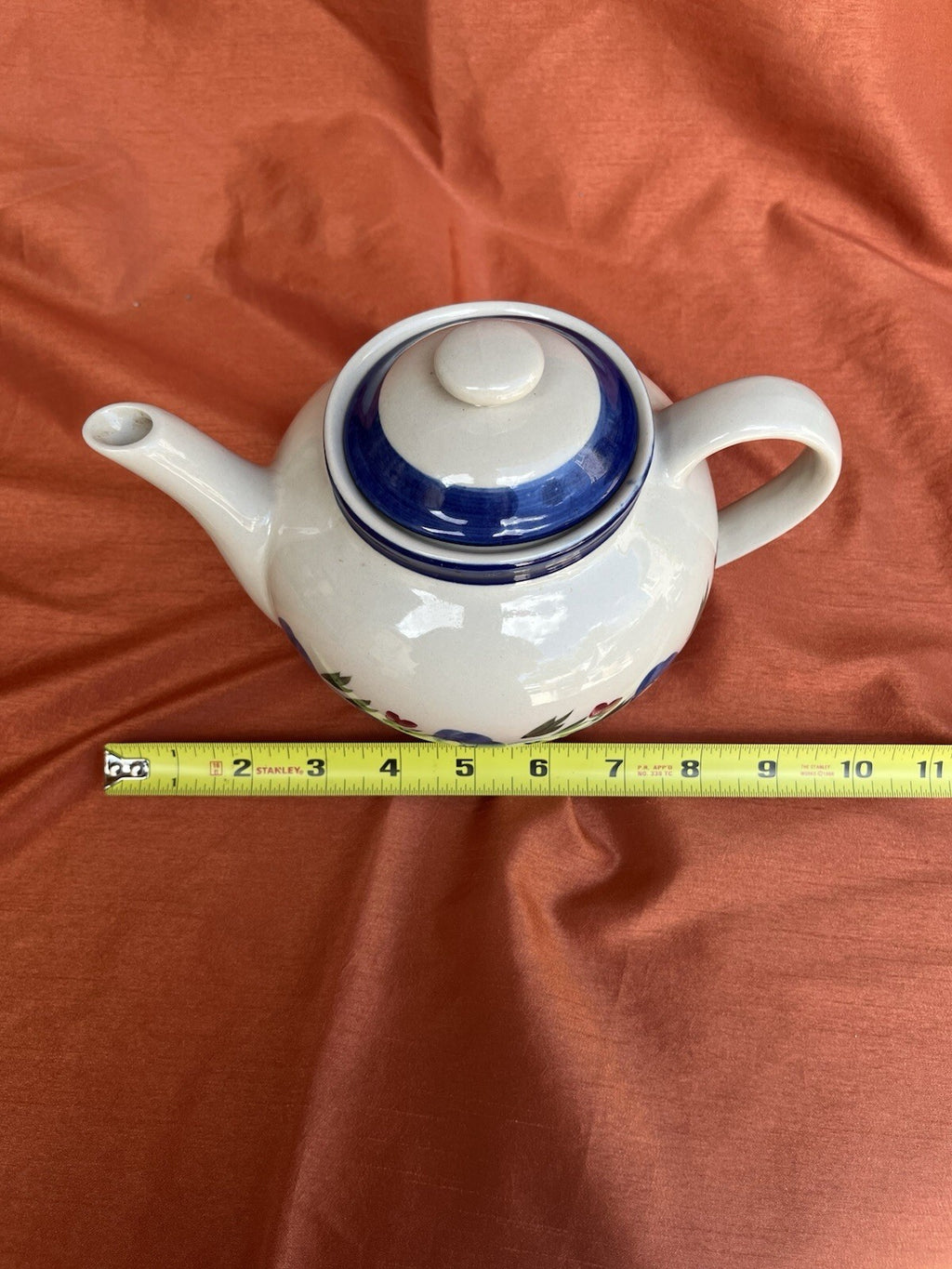 Vintage Designpac Ivory & Blue Stoneware Teapot W/Lid Handpainted Floral Pattern