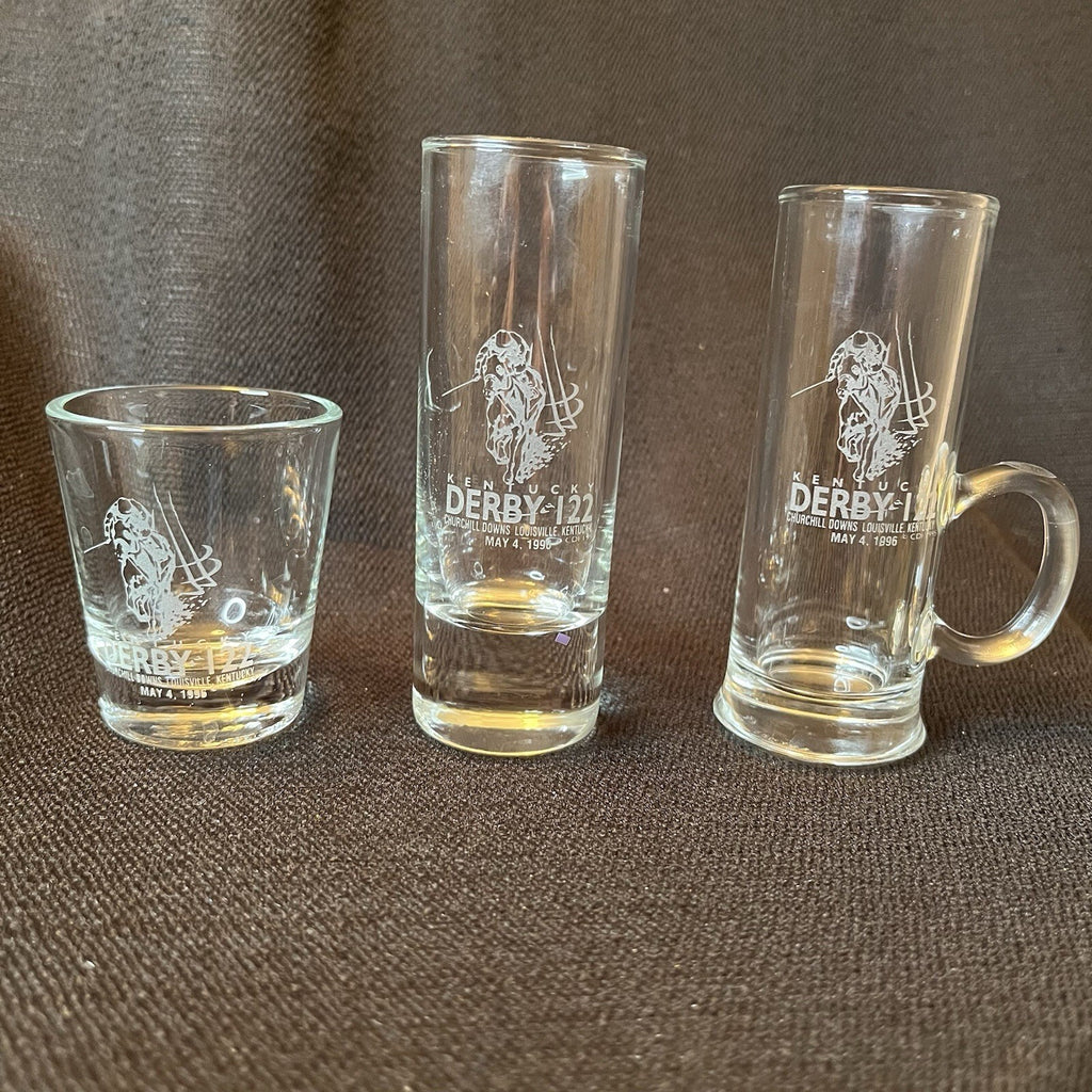 Set of three Kentucky Derby glasses, Different Styles. 1996 122nd Running, 5/4/96