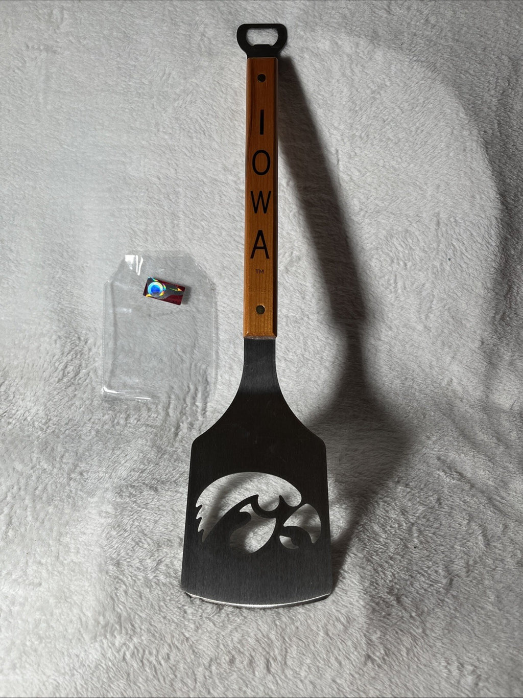 Grilling spatula with the University of Iowa's Hawkeyes log
