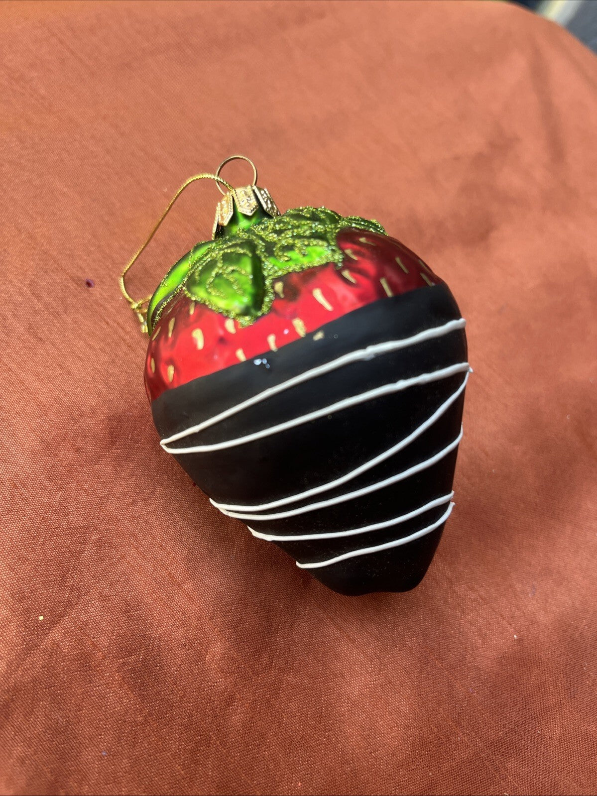 Vintage Glass STRAWBERRY Christmas Ornament Dark Chocolate Dipped. Sml Imprfct