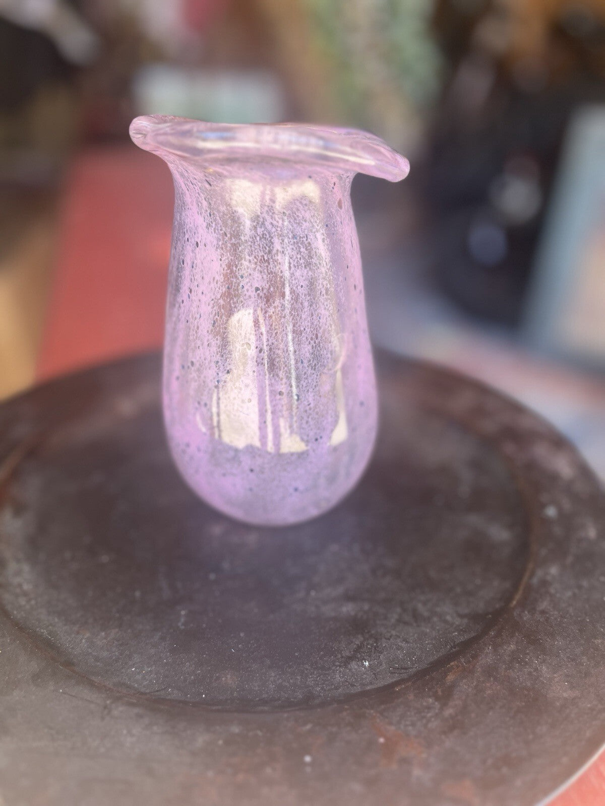 Hand Blown 6” Alexandrite Bubble Glass Vase Pinched Sides Flared Threaded Rim