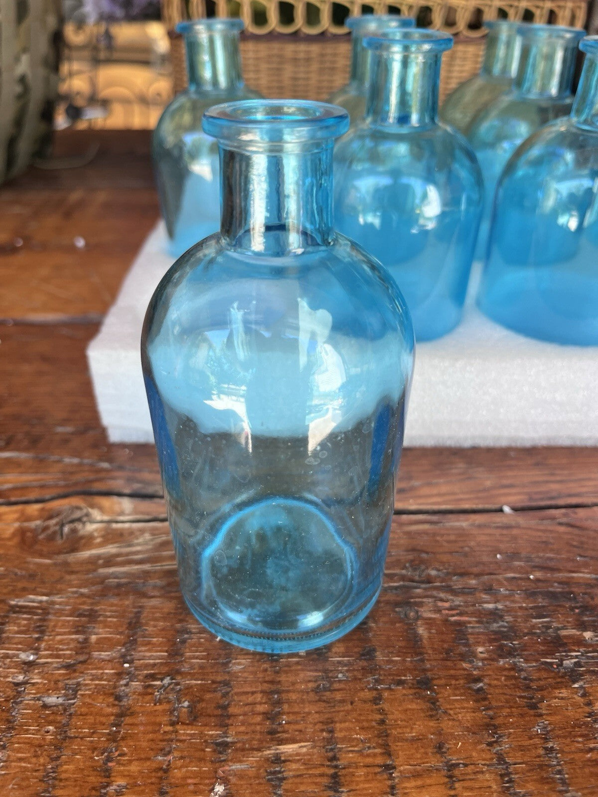 Set of 8 Blue Glass Decorative Bottles, 7 in Tall, Decorative Bottle Type