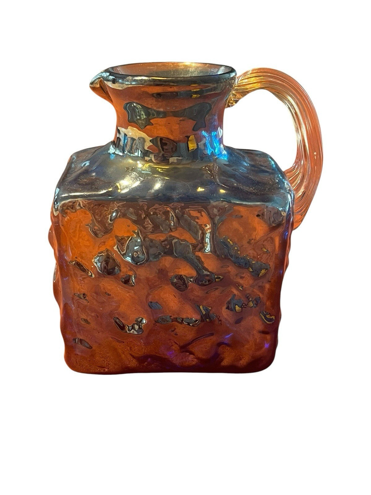 Pilgrim Nugget Nugate Blue Carnival Art Glass Rock Crystal Smooth Handle Pitcher