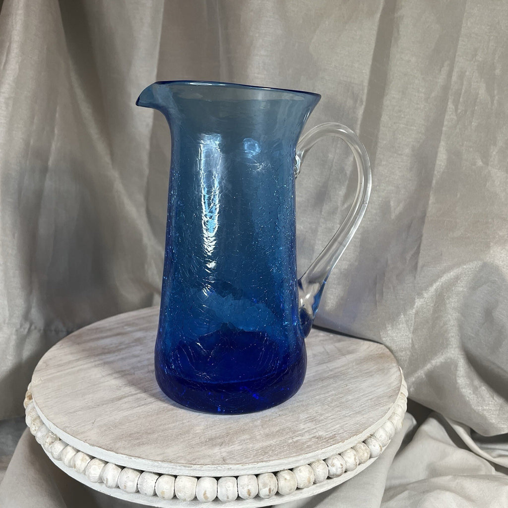 Vintage Blue Crackle Glass Small Pitcher Vase Hand Blown w/ Applied Handle