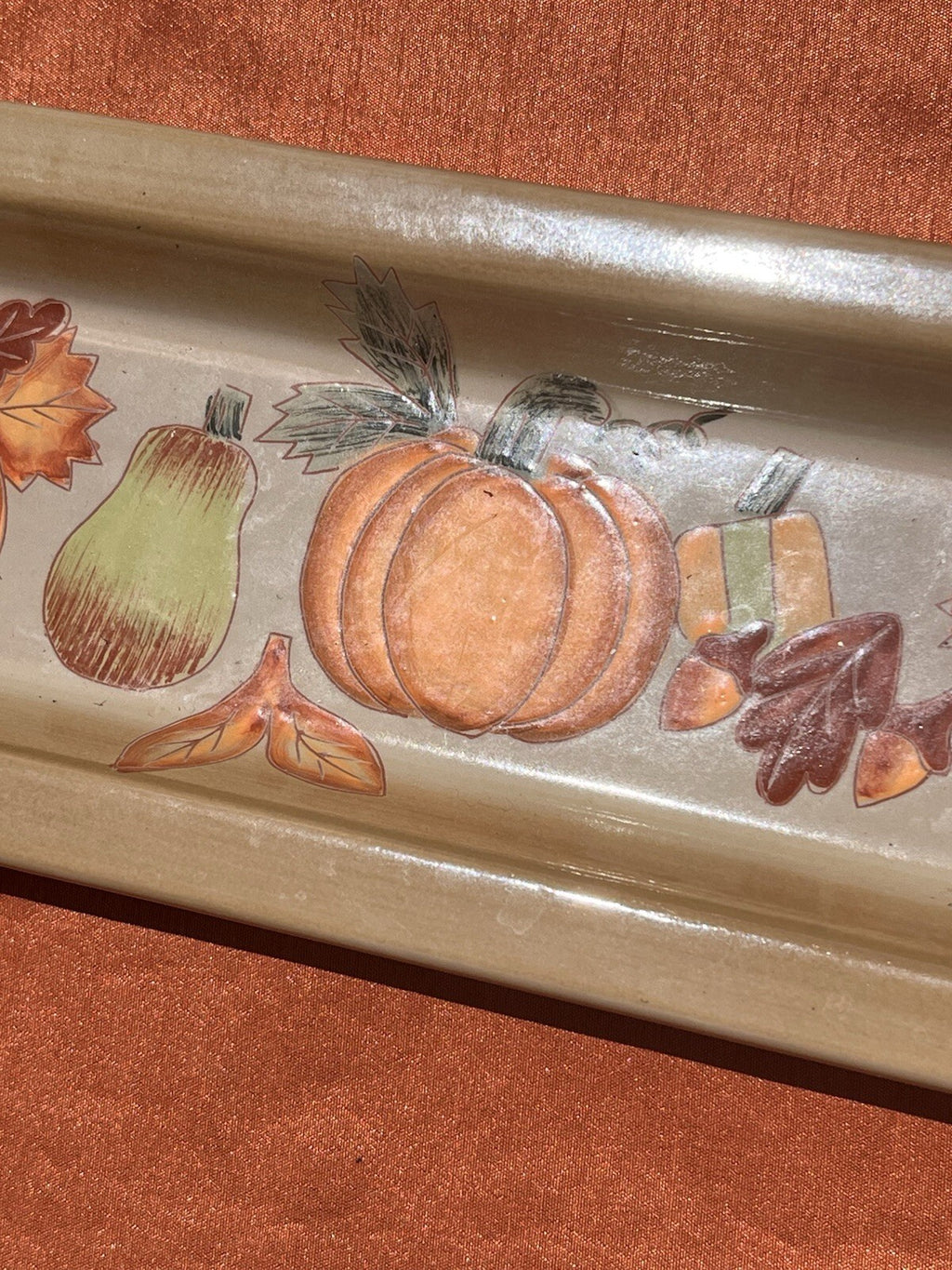 Ceramic Fall Autumn Design Serving Tray with Pumpkins, Gourds, Leaves & Acorns