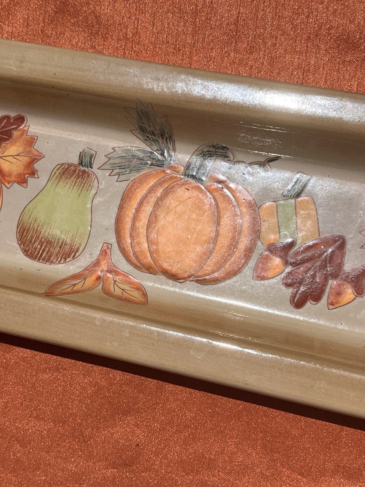Ceramic Fall Autumn Design Serving Tray with Pumpkins, Gourds, Leaves & Acorns