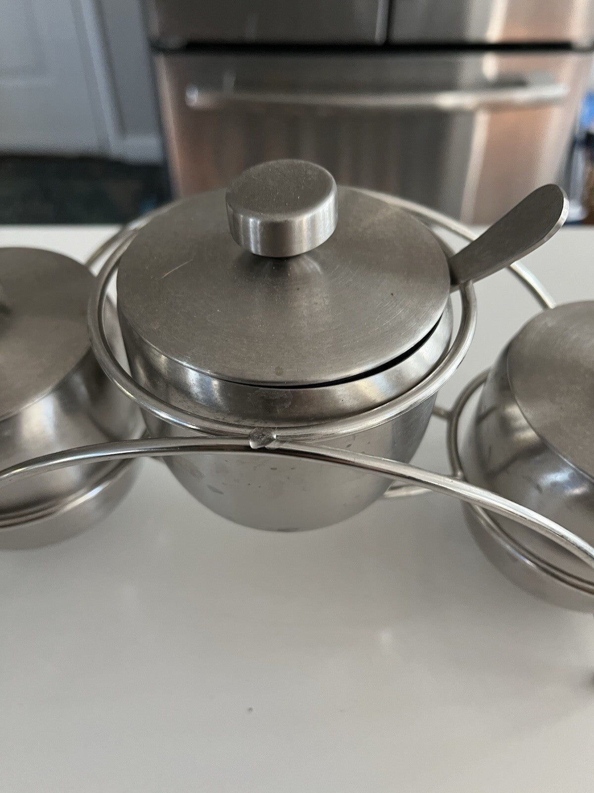 Condiment Serving Bowls with Lids and Spoons". Stainless Steel