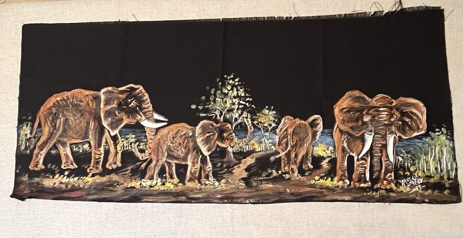 Elephant Tapestry Hand Painted With Fringe 34x16