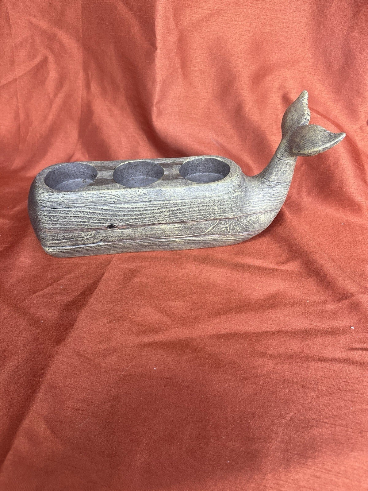 Distressed Wood Finish Resin Smiling Whale Three Hole Tealight Candle Holder