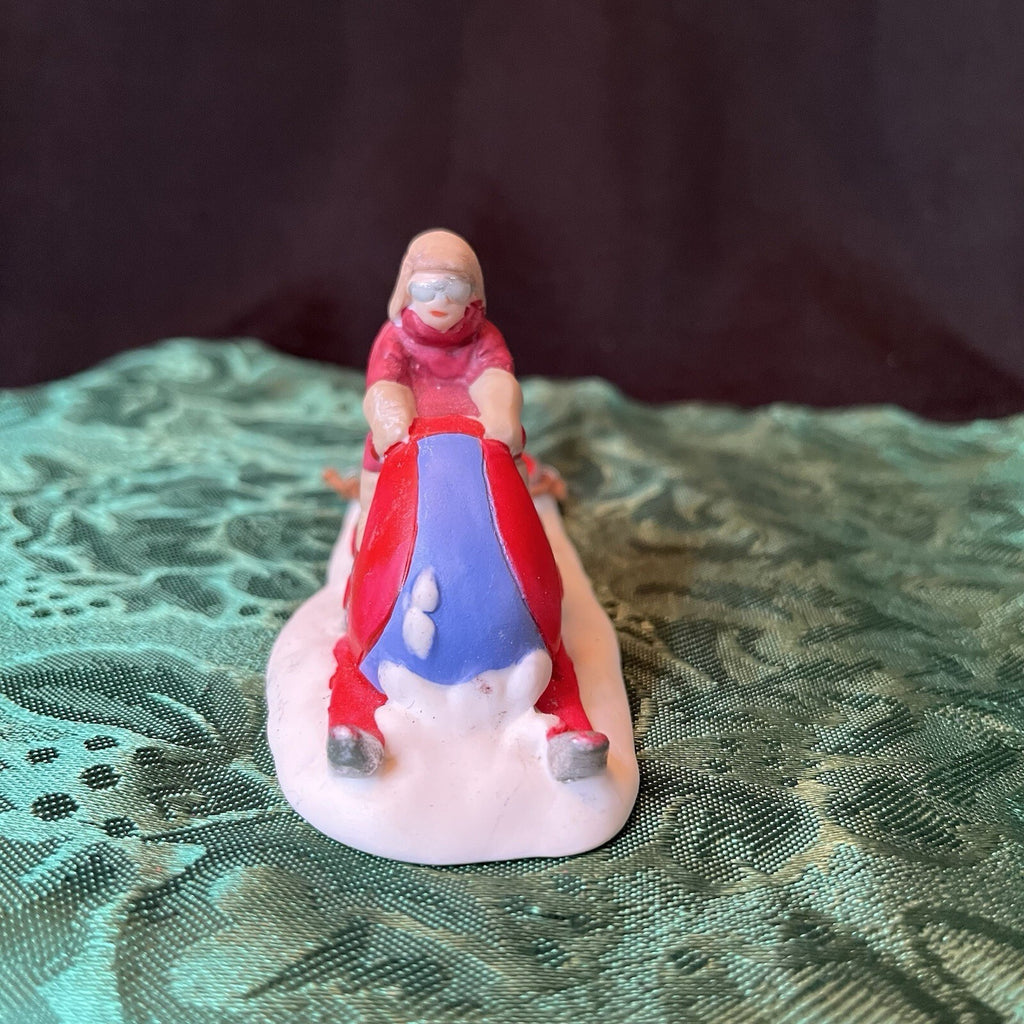 Mini Christmas Village Figurine Vintage 90s  Mom On Snowmobile With Kids