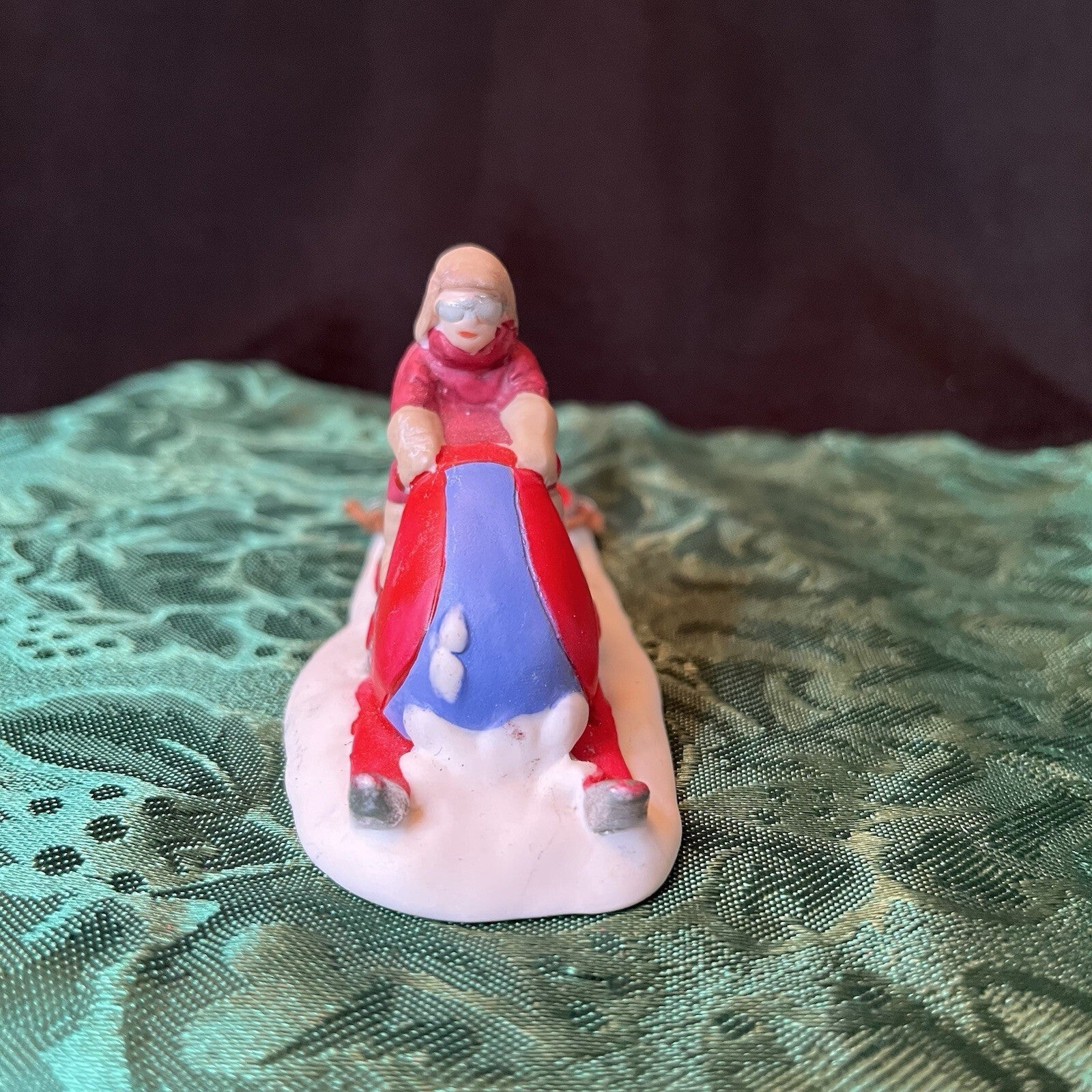 Mini Christmas Village Figurine Vintage 90s  Mom On Snowmobile With Kids