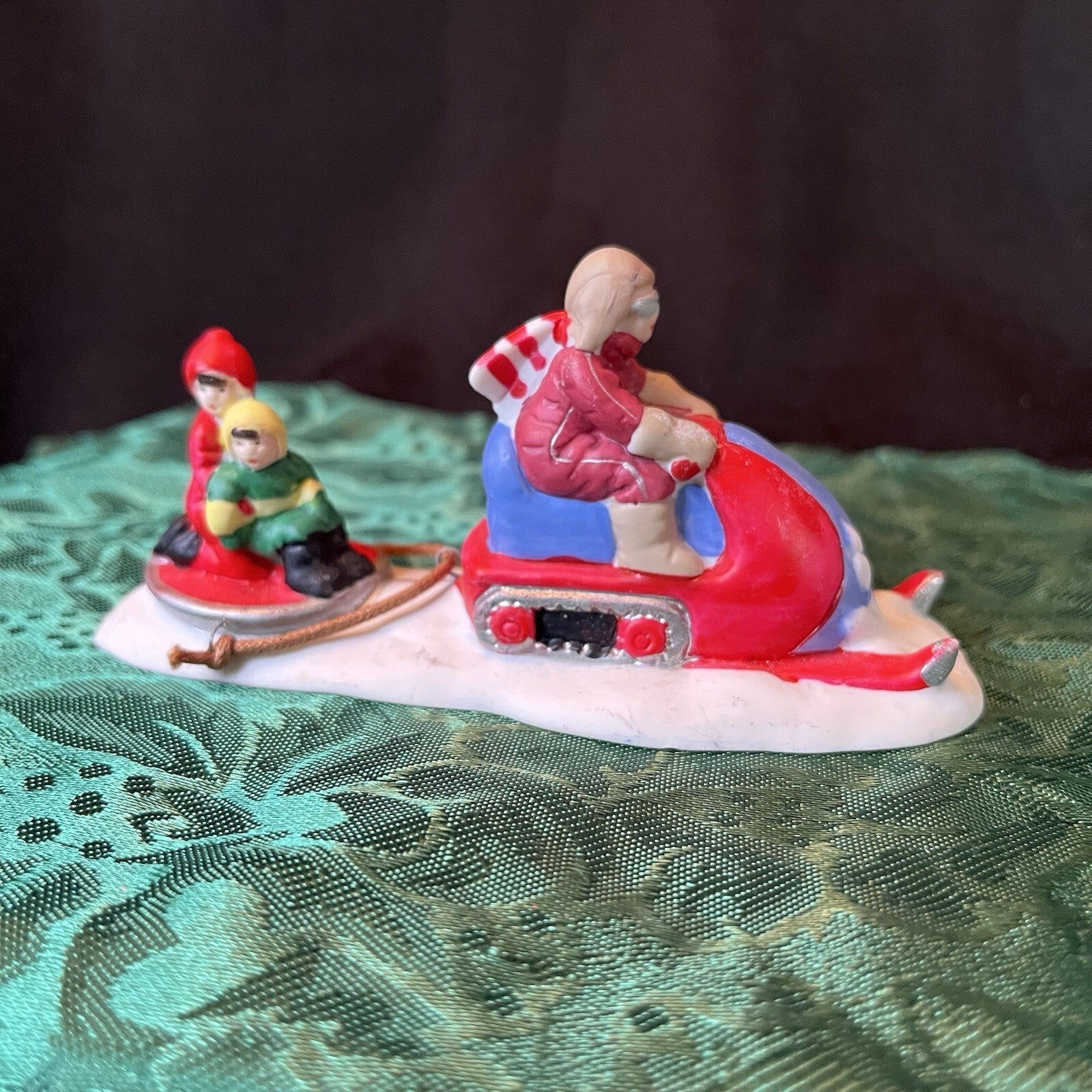 Mini Christmas Village Figurine Vintage 90s  Mom On Snowmobile With Kids