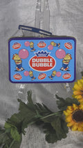 VTG Blue Mini Dubble Bubble Gum Logo Tin Metal Lunch Box Gold Interior  ✔