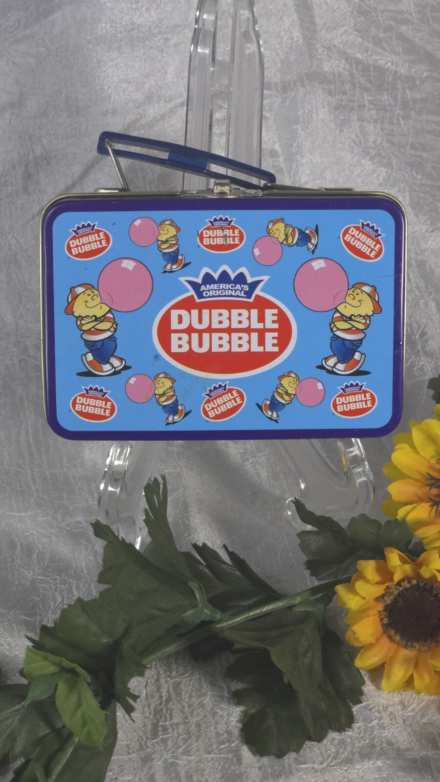 VTG Blue Mini Dubble Bubble Gum Logo Tin Metal Lunch Box Gold Interior  ✔