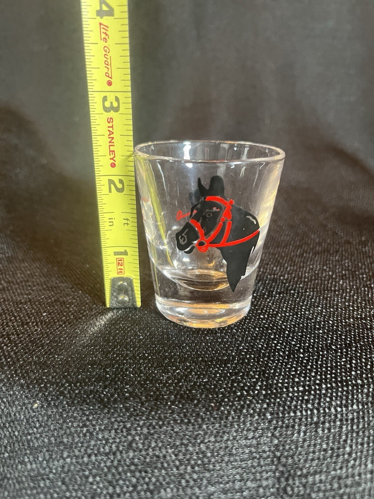 VTG 1oz Shot Glass Black Horse Head, Cap, Riding Crop & Stirrups Equestrian ACL